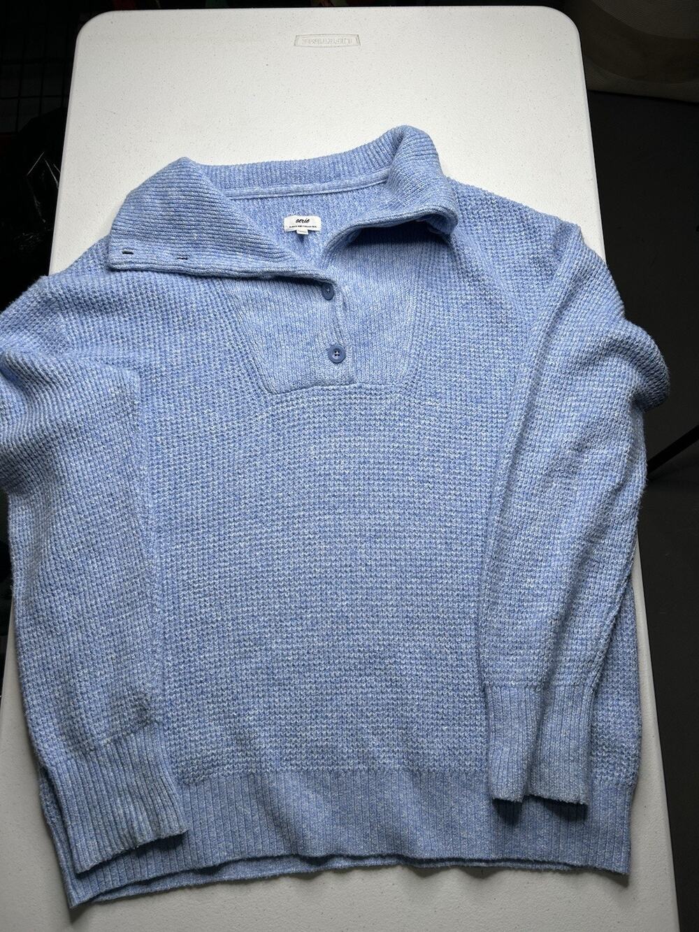 Aerie CozyUp Waffle Button Sweater Sky Blue Oversized Size Medium